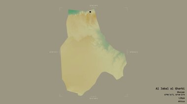 Al Jabal al Gharbi bölgesi, Libya bölgesi, sağlam bir arka planda izole edilmiş bir sınır kutusunda. Etiketler. Topografik yardım haritası. 3B görüntüleme