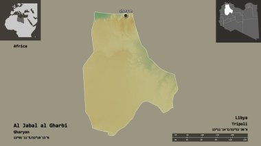 Al Jabal al Gharbi 'nin şekli, Libya bölgesi ve başkenti. Uzaklık ölçeği, ön gösterimler ve etiketler. Topografik yardım haritası. 3B görüntüleme