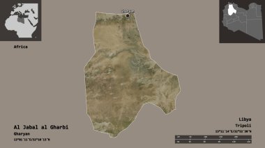 Al Jabal al Gharbi 'nin şekli, Libya bölgesi ve başkenti. Uzaklık ölçeği, ön gösterimler ve etiketler. Uydu görüntüleri. 3B görüntüleme