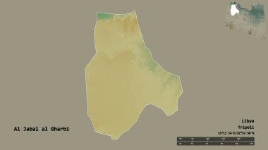 Al Jabal al Gharbi 'nin şekli, Libya bölgesi, başkenti sağlam arka planda izole edilmiş. Uzaklık ölçeği, bölge önizlemesi ve etiketleri. Topografik yardım haritası. 3B görüntüleme