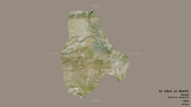 Al Jabal al Gharbi bölgesi, Libya bölgesi, sağlam bir arka planda izole edilmiş bir sınır kutusunda. Etiketler. Uydu görüntüleri. 3B görüntüleme
