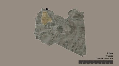 Başkenti, ana bölgesel bölümü ve ayrılan El Cebrail el Gharbi bölgesiyle Libya 'nın dejenere bir şekli. Etiketler. Uydu görüntüleri. 3B görüntüleme