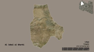 Al Jabal al Gharbi 'nin şekli, Libya bölgesi, başkenti sağlam arka planda izole edilmiş. Uzaklık ölçeği, bölge önizlemesi ve etiketleri. Uydu görüntüleri. 3B görüntüleme