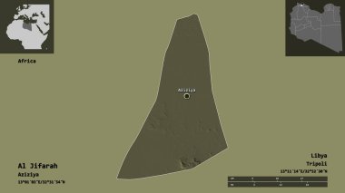Al Jifarah 'ın şekli, Libya bölgesi ve başkenti. Uzaklık ölçeği, ön gösterimler ve etiketler. Renkli yükseklik haritası. 3B görüntüleme