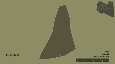 Libya 'nın El Cezire semti, başkenti sağlam arka planda izole edilmiş. Uzaklık ölçeği, bölge önizlemesi ve etiketleri. Renkli yükseklik haritası. 3B görüntüleme