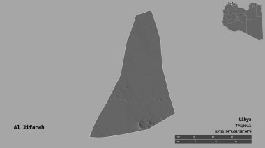 Libya 'nın El Cezire semti, başkenti sağlam arka planda izole edilmiş. Uzaklık ölçeği, bölge önizlemesi ve etiketleri. Çift seviyeli yükseklik haritası. 3B görüntüleme