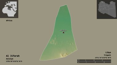Al Jifarah 'ın şekli, Libya bölgesi ve başkenti. Uzaklık ölçeği, ön gösterimler ve etiketler. Topografik yardım haritası. 3B görüntüleme