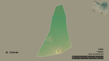 Libya 'nın El Cezire semti, başkenti sağlam arka planda izole edilmiş. Uzaklık ölçeği, bölge önizlemesi ve etiketleri. Topografik yardım haritası. 3B görüntüleme