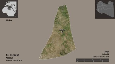 Al Jifarah 'ın şekli, Libya bölgesi ve başkenti. Uzaklık ölçeği, ön gösterimler ve etiketler. Uydu görüntüleri. 3B görüntüleme