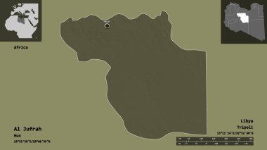 Libya 'nın El Jufrah ilçesi ve başkenti. Uzaklık ölçeği, ön gösterimler ve etiketler. Renkli yükseklik haritası. 3B görüntüleme