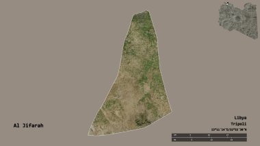 Libya 'nın El Cezire semti, başkenti sağlam arka planda izole edilmiş. Uzaklık ölçeği, bölge önizlemesi ve etiketleri. Uydu görüntüleri. 3B görüntüleme