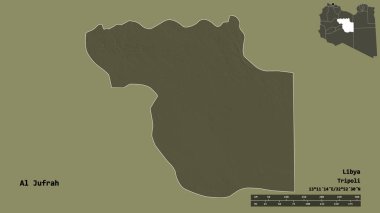 Libya 'nın El Jufrah ilçesi, başkenti sağlam bir zemine sahip. Uzaklık ölçeği, bölge önizlemesi ve etiketleri. Renkli yükseklik haritası. 3B görüntüleme
