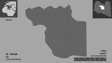 Libya 'nın El Jufrah ilçesi ve başkenti. Uzaklık ölçeği, ön gösterimler ve etiketler. Çift seviyeli yükseklik haritası. 3B görüntüleme