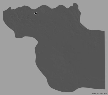 Libya 'nın El Jufrah ilçesi, başkenti koyu renk arka planda izole edilmiş. Çift seviyeli yükseklik haritası. 3B görüntüleme