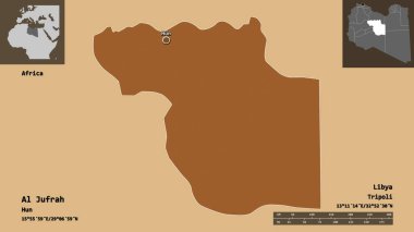 Libya 'nın El Jufrah ilçesi ve başkenti. Uzaklık ölçeği, ön gösterimler ve etiketler. Desenli dokuların bileşimi. 3B görüntüleme