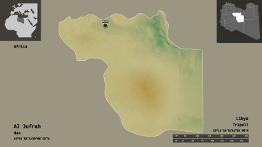 Libya 'nın El Jufrah ilçesi ve başkenti. Uzaklık ölçeği, ön gösterimler ve etiketler. Topografik yardım haritası. 3B görüntüleme