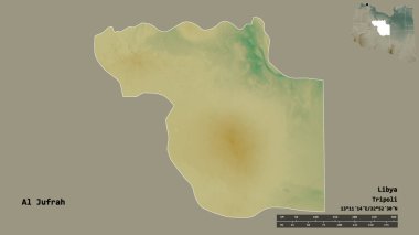 Libya 'nın El Jufrah ilçesi, başkenti sağlam bir zemine sahip. Uzaklık ölçeği, bölge önizlemesi ve etiketleri. Topografik yardım haritası. 3B görüntüleme