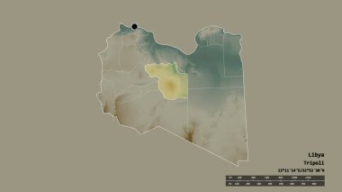 Başkenti, ana bölgesel bölümü ve bölünmüş El Jufrah bölgesiyle Libya 'nın dejenere bir şekli. Etiketler. Topografik yardım haritası. 3B görüntüleme