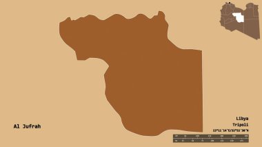 Libya 'nın El Jufrah ilçesi, başkenti sağlam bir zemine sahip. Uzaklık ölçeği, bölge önizlemesi ve etiketleri. Desenli dokuların bileşimi. 3B görüntüleme