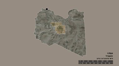 Başkenti, ana bölgesel bölümü ve bölünmüş El Jufrah bölgesiyle Libya 'nın dejenere bir şekli. Etiketler. Uydu görüntüleri. 3B görüntüleme