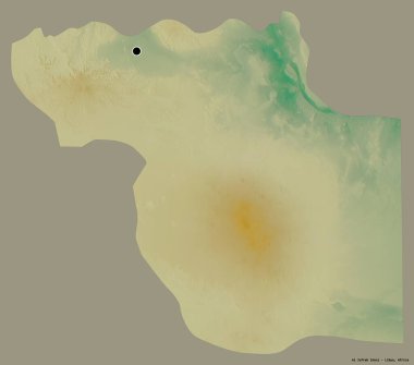 Libya 'nın El Jufrah ilçesi, başkenti koyu renk arka planda izole edilmiş. Topografik yardım haritası. 3B görüntüleme