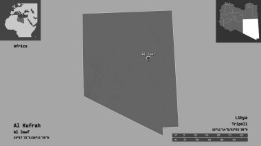 Libya 'nın El Kufrah ilçesi ve başkenti. Uzaklık ölçeği, ön gösterimler ve etiketler. Çift seviyeli yükseklik haritası. 3B görüntüleme