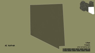 Libya 'nın El Kufrah semti, başkenti sağlam bir zemine sahip. Uzaklık ölçeği, bölge önizlemesi ve etiketleri. Renkli yükseklik haritası. 3B görüntüleme