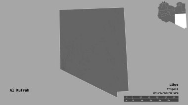 Libya 'nın El Kufrah semti, başkenti sağlam bir zemine sahip. Uzaklık ölçeği, bölge önizlemesi ve etiketleri. Çift seviyeli yükseklik haritası. 3B görüntüleme