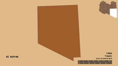 Libya 'nın El Kufrah semti, başkenti sağlam bir zemine sahip. Uzaklık ölçeği, bölge önizlemesi ve etiketleri. Desenli dokuların bileşimi. 3B görüntüleme