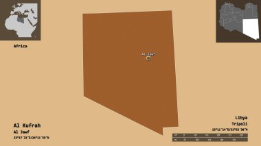 Libya 'nın El Kufrah ilçesi ve başkenti. Uzaklık ölçeği, ön gösterimler ve etiketler. Desenli dokuların bileşimi. 3B görüntüleme