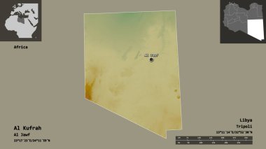 Libya 'nın El Kufrah ilçesi ve başkenti. Uzaklık ölçeği, ön gösterimler ve etiketler. Topografik yardım haritası. 3B görüntüleme