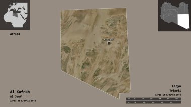 Libya 'nın El Kufrah ilçesi ve başkenti. Uzaklık ölçeği, ön gösterimler ve etiketler. Uydu görüntüleri. 3B görüntüleme