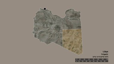 Başkenti, ana bölgesel bölümü ve ayrı El Kufrah bölgesiyle Libya 'nın dejenere bir şekli. Etiketler. Uydu görüntüleri. 3B görüntüleme