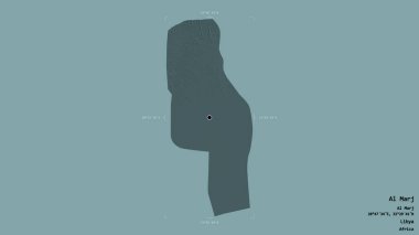 Libya 'nın El-Marj bölgesi, jeoreferatlı bir sınır kutusunda sağlam bir arka planda izole edilmiş. Etiketler. Renkli yükseklik haritası. 3B görüntüleme