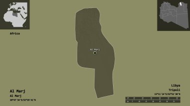 Libya 'nın El Marj ilçesi ve başkenti. Uzaklık ölçeği, ön gösterimler ve etiketler. Renkli yükseklik haritası. 3B görüntüleme
