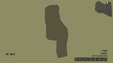 Libya 'nın El-Marj ilçesi, başkenti sağlam bir zemine sahip. Uzaklık ölçeği, bölge önizlemesi ve etiketleri. Renkli yükseklik haritası. 3B görüntüleme