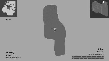 Libya 'nın El Marj ilçesi ve başkenti. Uzaklık ölçeği, ön gösterimler ve etiketler. Çift seviyeli yükseklik haritası. 3B görüntüleme