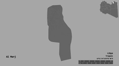 Libya 'nın El-Marj ilçesi, başkenti sağlam bir zemine sahip. Uzaklık ölçeği, bölge önizlemesi ve etiketleri. Çift seviyeli yükseklik haritası. 3B görüntüleme