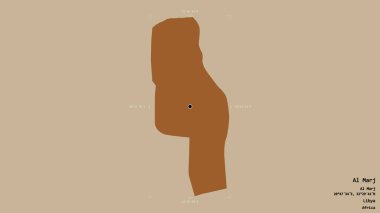 Libya 'nın El-Marj bölgesi, jeoreferatlı bir sınır kutusunda sağlam bir arka planda izole edilmiş. Etiketler. Desenli dokuların bileşimi. 3B görüntüleme