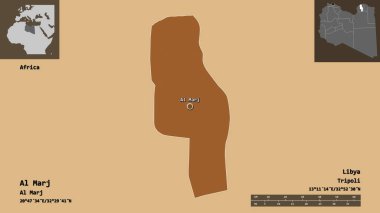 Libya 'nın El Marj ilçesi ve başkenti. Uzaklık ölçeği, ön gösterimler ve etiketler. Desenli dokuların bileşimi. 3B görüntüleme