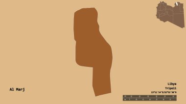 Libya 'nın El-Marj ilçesi, başkenti sağlam bir zemine sahip. Uzaklık ölçeği, bölge önizlemesi ve etiketleri. Desenli dokuların bileşimi. 3B görüntüleme