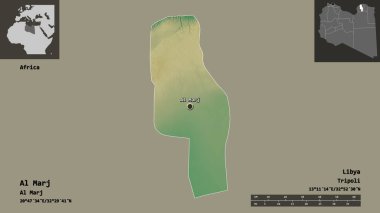 Libya 'nın El Marj ilçesi ve başkenti. Uzaklık ölçeği, ön gösterimler ve etiketler. Topografik yardım haritası. 3B görüntüleme