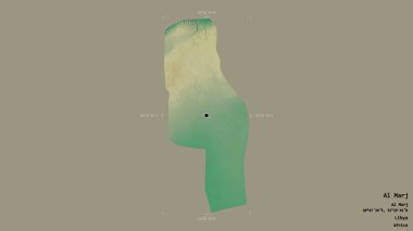 Libya 'nın El-Marj bölgesi, jeoreferatlı bir sınır kutusunda sağlam bir arka planda izole edilmiş. Etiketler. Topografik yardım haritası. 3B görüntüleme