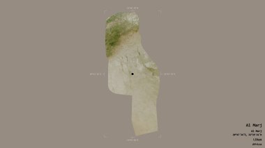 Libya 'nın El-Marj bölgesi, jeoreferatlı bir sınır kutusunda sağlam bir arka planda izole edilmiş. Etiketler. Uydu görüntüleri. 3B görüntüleme