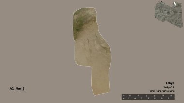 Libya 'nın El-Marj ilçesi, başkenti sağlam bir zemine sahip. Uzaklık ölçeği, bölge önizlemesi ve etiketleri. Uydu görüntüleri. 3B görüntüleme