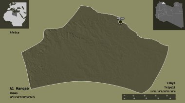 Al Marqab 'ın şekli, Libya bölgesi ve başkenti. Uzaklık ölçeği, ön gösterimler ve etiketler. Renkli yükseklik haritası. 3B görüntüleme