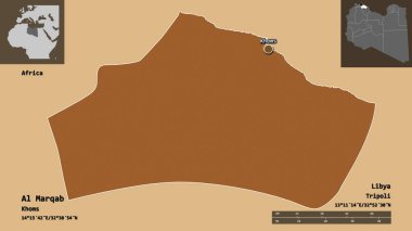Al Marqab 'ın şekli, Libya bölgesi ve başkenti. Uzaklık ölçeği, ön gösterimler ve etiketler. Desenli dokuların bileşimi. 3B görüntüleme