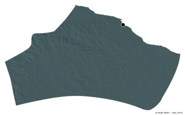 Libya 'nın El-Marqab semti, başkenti beyaz arka planda izole edilmiş. Renkli yükseklik haritası. 3B görüntüleme