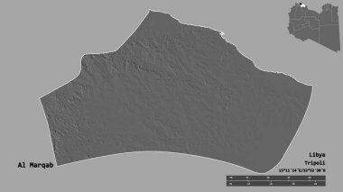 Libya 'nın El-Marqab semti, başkenti sağlam arka planda izole edilmiş. Uzaklık ölçeği, bölge önizlemesi ve etiketleri. Çift seviyeli yükseklik haritası. 3B görüntüleme