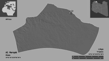 Al Marqab 'ın şekli, Libya bölgesi ve başkenti. Uzaklık ölçeği, ön gösterimler ve etiketler. Çift seviyeli yükseklik haritası. 3B görüntüleme